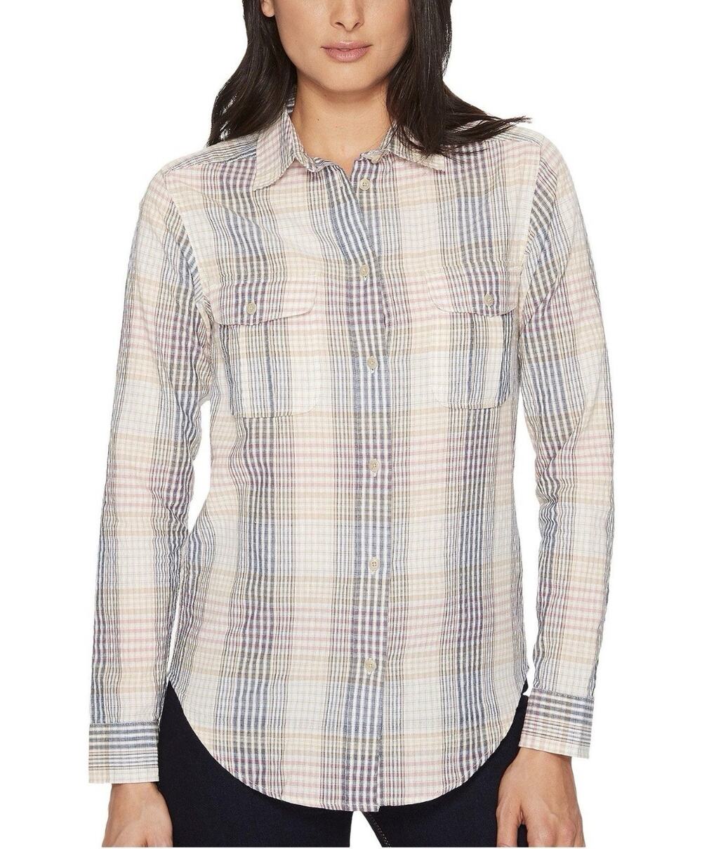 Filson Womens Conway Plaid Shirt Small S Blue Neutral Long Sleeve Button Up Flap